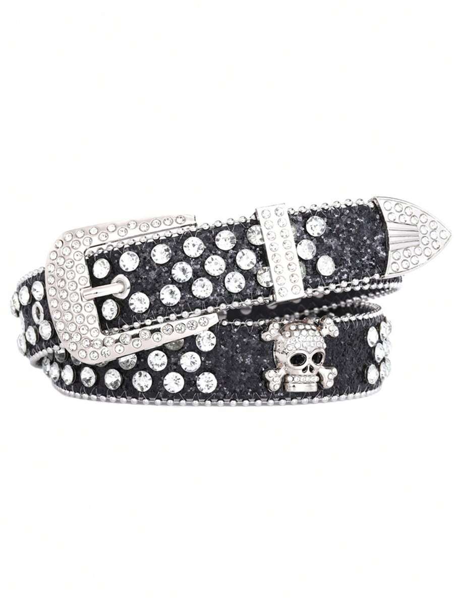 Punk Hip Hop Skull Glitter Studded Belt, Crystal And Rivet Embellished Leather Strap