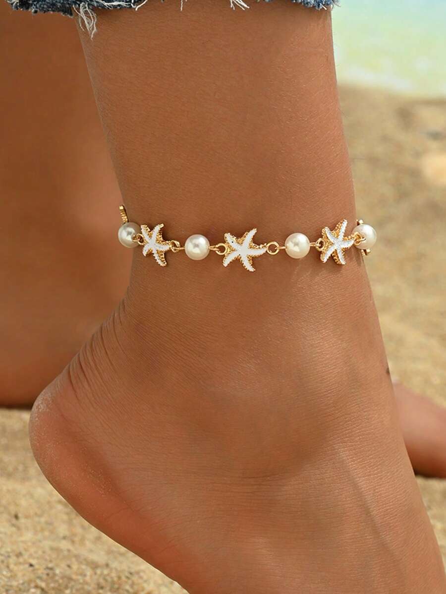 1 pieza Tobillera combinación de estrella de mar esmaltada brillante de aleación inspirada en el océano de verano y perlas falsas, joyería hecha a mano adecuada para uso diario, playa, fiesta, cita, viaje - Multicolor - Ver 1