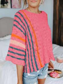 女士条纹细节宽松针织毛衣，休闲粉色，春季款 - 粉色 - 查看 1