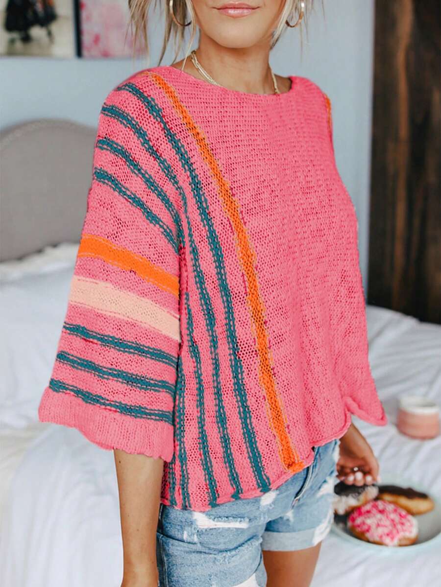 女士条纹细节宽松针织毛衣，休闲粉色，春季款 - 粉色 - 查看 1