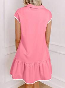 Women Short Sleeve Mini Dress Casual Summer Patchwork Zipper Lapel Ruffled Party Dress For Cocktail Streetwear - Hồng - Xem 4