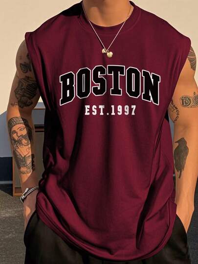 Men's Casual Simplistic Printed Tank Top, Suitable For Daily Wear