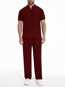 Uniforme de trabajo de manga corta para hombres, bata de laboratorio, túnica para veterinaria/peluquería de mascotas con bolsillo, conjunto transpirable - Rojo - Ver 6