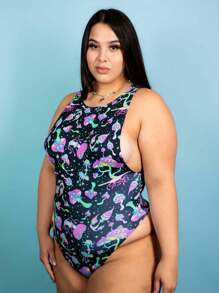 Mushies Sideboob Bodysuit – Blacklight Reactive Festival One-Piece - 黑色 - 查看 5