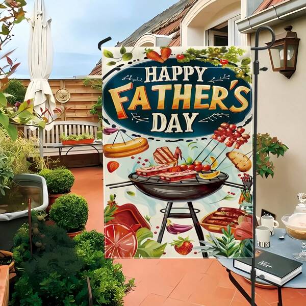 1 pezzo Bandiera da giardino per la Festa del Papà, a doppia faccia con design di barbecue e tropicale, in poliestere, con manica per asta, decorazione per esterno, portico, senza asta bandiera, regalo ideale per papà