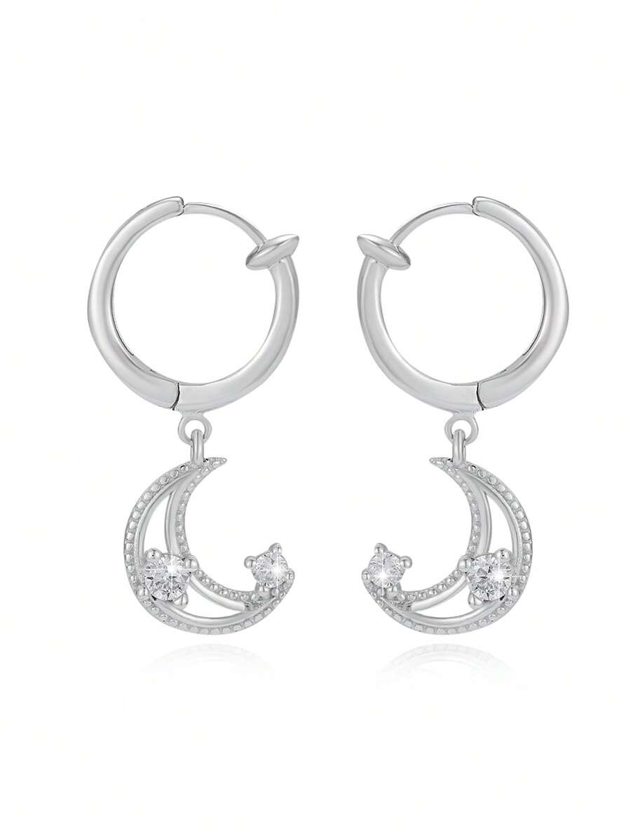1pc S925 Silver Moon Shaped Stud Earrings With Hypoallergenic Cubic Zirconia, Suitable For Women, Mother's Day Gift