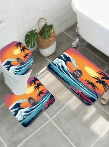 1 conjunto, patrón de ola, paisaje de puesta de sol, coche, tabla de surf, juego de 3 piezas de alfombra de baño de elementos diarios, alfombra de baño absorbente y lavable, alfombra de baño antideslizante, tapa de inodoro, alfombra de baño gruesa y suave, ducha, cocina, lavandería, baño, sala de estar, dormitorio, alfombra de interior, accesorio de decoración del hogar