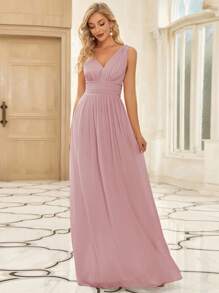 EVERPRETTY Fall Winter Elegant Chiffon V Neck Sleeveless Ruched Maxi Formal Pink Bridesmaid Dress For Wedding Graduation - Pink - View 4