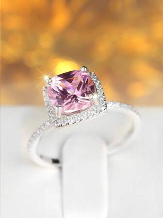 奢华优雅时尚 925 纯银方形粉色方晶锆石女士戒指，订婚结婚宴会周年派对节日礼物