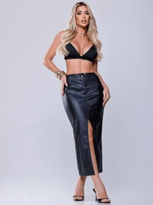 Saia Longa Couro Fenda Frontal Lúcia - Preto - Visão 2