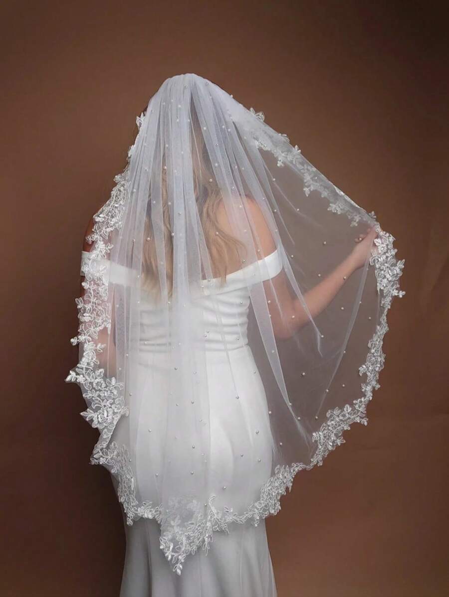 1pc Long Lace Edge Bridal Veil With Faux Pearl Decor, Wedding Hair Accessory