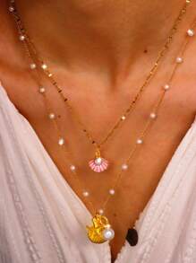 2pcs/Set Simple Fashionable Beach Necklace, Starfish Pearl Shell Layered Chain Design, Ideal Women Gift For Holiday - Multicolor - View 10