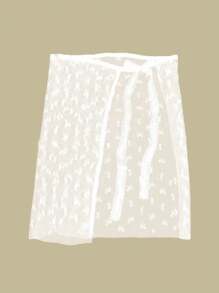 1pc Women Slip Underskirt, Detachable Waist Tie Net Mesh Skirt Swimwear Cover Up With Ditsy Floral Embroidery Lace Trim