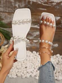 Latest Spring/Summer Women Plus Size Casual Flat Slippers, Pearl Transparent Crystal TPU, Comfortable Holiday Casual Sandals, Multi-Functional Lightweight - White - View 2