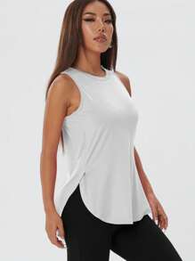 1 pieza Top holgada y casual para entrenamiento de mujer, camiseta de fitness con abertura lateral sólida y cómoda, primavera/verano - Blanco - Ver 3