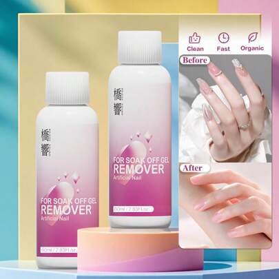 BRIDGE SOUND 2 件装凝胶指甲油去除剂，适用于可浸泡凝胶指甲，60 毫升/2.03 液量盎司，低过敏性且不含甲醛，速效无丙酮液体，适用于沙龙的温和指甲清洁剂、DIY 家庭美甲套装