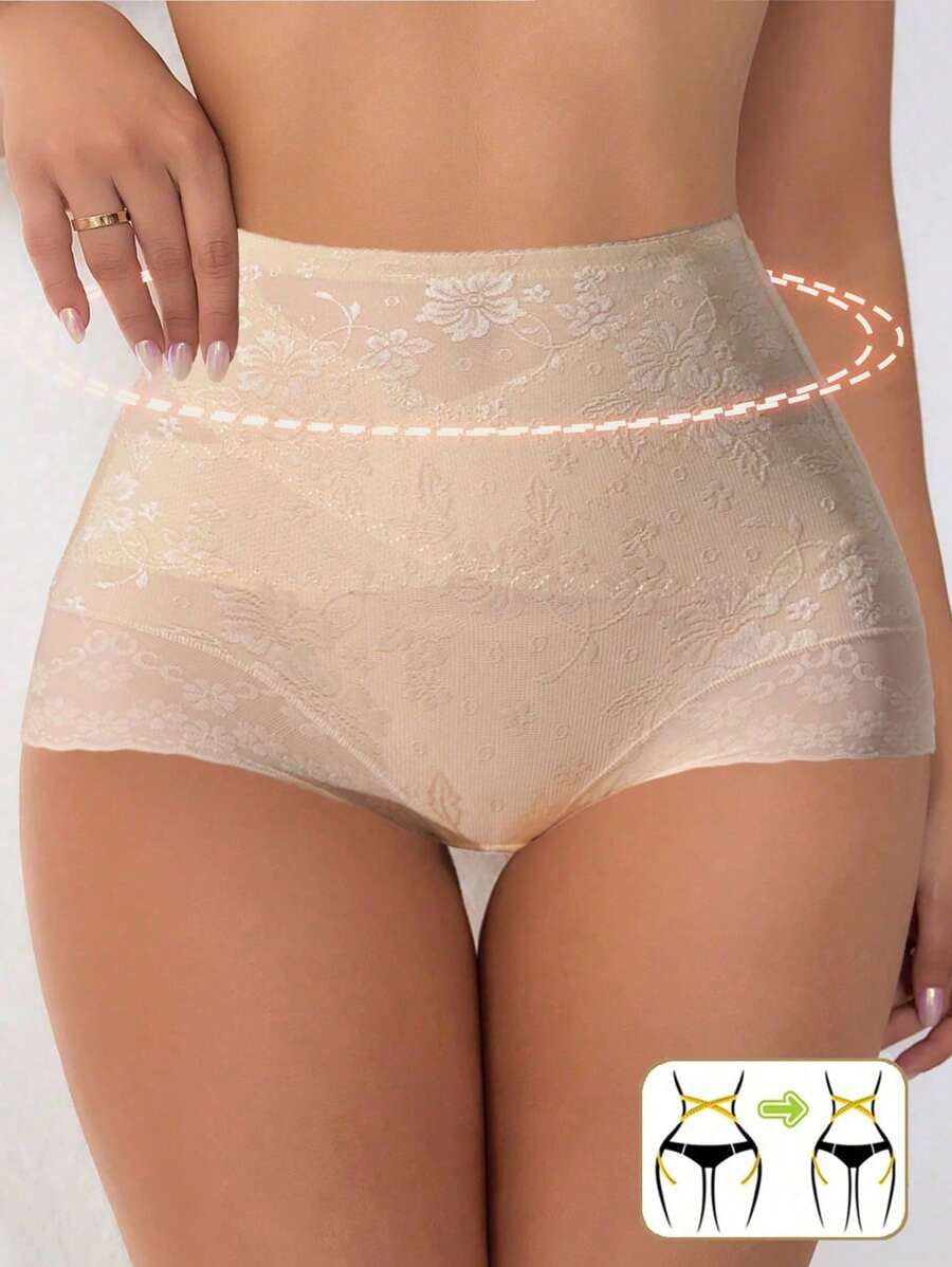 High Waist Lace Abdomen Control Slimming Pants For Women, Sexy Waist Cincher Shaper Enhancer Panty - Apricot - View 1