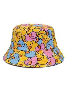 1 Pc Foldable Reversible Duck Print Bucket Hat For Women, Polyester, Sun Protection, Suitable For Spring/Summer, Beach