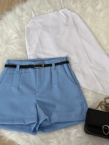 Elegant Set Of Tailored Shorts With Pocket And Free Belt Plus Asymmetrical Blouse Fashion  2025 - Baby Blue - View 2