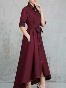 Plus Size Women Solid Simple Fashionable Dress, Suitable For Summer - Burgundy - View 3
