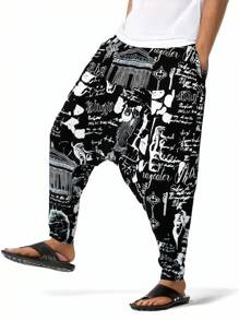 Men Traditional Arabic Print Drop-Crotch Harem Pants, Flowy Breathable Beach/Yoga/Casual Stretchy Jogger Trousers