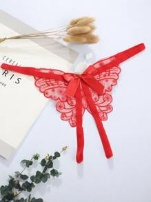性感内衣刺绣蝴蝶透明T裤开裆低腰蝴蝶结内裤蕾丝丁字裤诱惑外出 - 紅色 - 查看 3