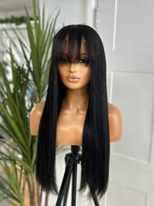 Peluca con flequillo de cabello humano con raya al medio, 1B 13x4 Encaje Frontal, para uso diario de las mujeres, color negro natural, peluca con flequillo aireado de encaje frontal de cabello humano, densidad del 180%, 16-34 pulgadas, estilo de cabello liso negro gótico de Halloween - SNatural - Ver 4