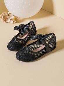 1 Pair Girls' Mesh Bowknot Flat Shoes, Spring/Summer - Black - View 1