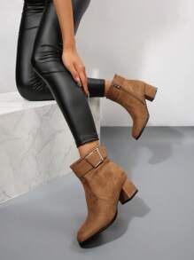 新款秋冬厚底圆头侧拉链时尚百搭高跟踝靴，弹性踝部设计，穿着舒适 - 棕色 - 查看 6