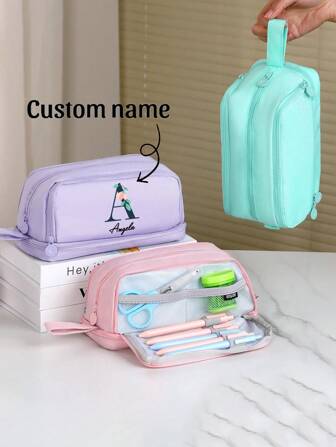1 pieza Estuche de lápices personalizado - Nombre personalizado - Patrón de letra personalizado - Bolsa de lápices de gran capacidad y multicapa simple, útiles escolares para estudiantes, regalo de cumpleaños, mejor regalo para, regalo de estudiante, multifuncional, ornamental