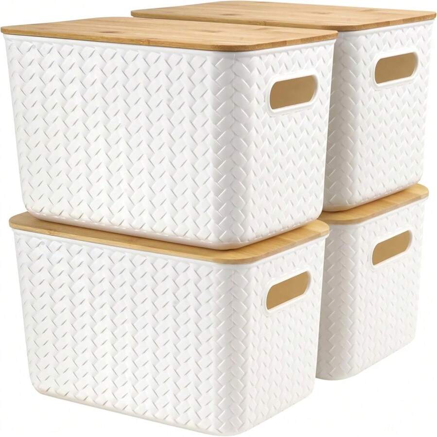 Caja Almacenaje Grande con Tapa de Bambú (Pack de 4) - Cestas Almacenaje de Plástico - Caja Organizadora Decorativa para Escritorio y Oficina - Cajas Apilables de Alta Carga con Tapa - Blanco - Ver 1