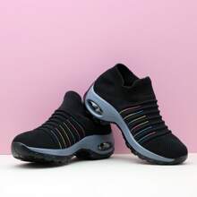 女士经典黑色休闲运动一脚蹬鞋、休闲鞋、摇摆鞋、舞鞋、针织气垫鞋 - 灰色 - 查看 3