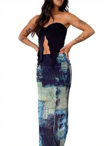 Women Fashion Tube Tops Solid Color Front Slit Boat Neck Strapless Tank Tops Summer Backless Irregular Bandeau Shirts - Black - View 4