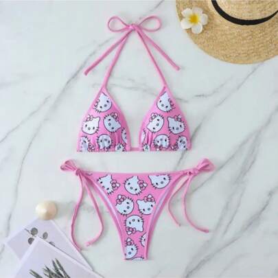 Sanrio 2pcs Sanrio Hello Kitty Cute Bikini Set, Perfect For Beach Vacation, Adorable Cartoon Print, Ideal Summer Gift