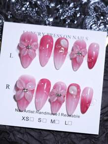 10 piezas de uñas postizas en forma de almendra con diseño de arte de uñas francés estilizado con flores 3D talladas a mano y color rosa degradado, para primavera y verano, nuevos artículos reutilizables de suministros para uñas - Rosa Fucsia - Ver 5