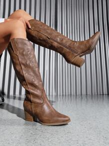 Embroidered Western Boots For Women Comfortable Chunky Heel Pull On Zipper Pointed Toe Knee High Boots Vintage Cowgirl Cowboy Ridding Vacation Boots - Brown - View 3