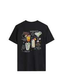 女士夏季鸡尾酒和口号图案圆领短袖 T 恤，休闲宽松百搭假日风格上衣，时尚夏季服装适合日常假日穿着