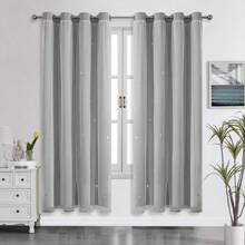 Top Eyelet/Hollow Star Cutout Curtain/Layered Solid Color Blackout And Sheer 2-In-1 Curtain/Blackout Bedroom Curtain/Bedroom Decor Curtain/Living Room/Classroom/Beautiful Sheer Lace Double Layer Curtain
