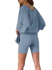 2 Piece Outfits For Women Oversized Biker Shorts Sets Hot Shot Reversible Set Tracksuit - 霧霾藍 - 查看 2