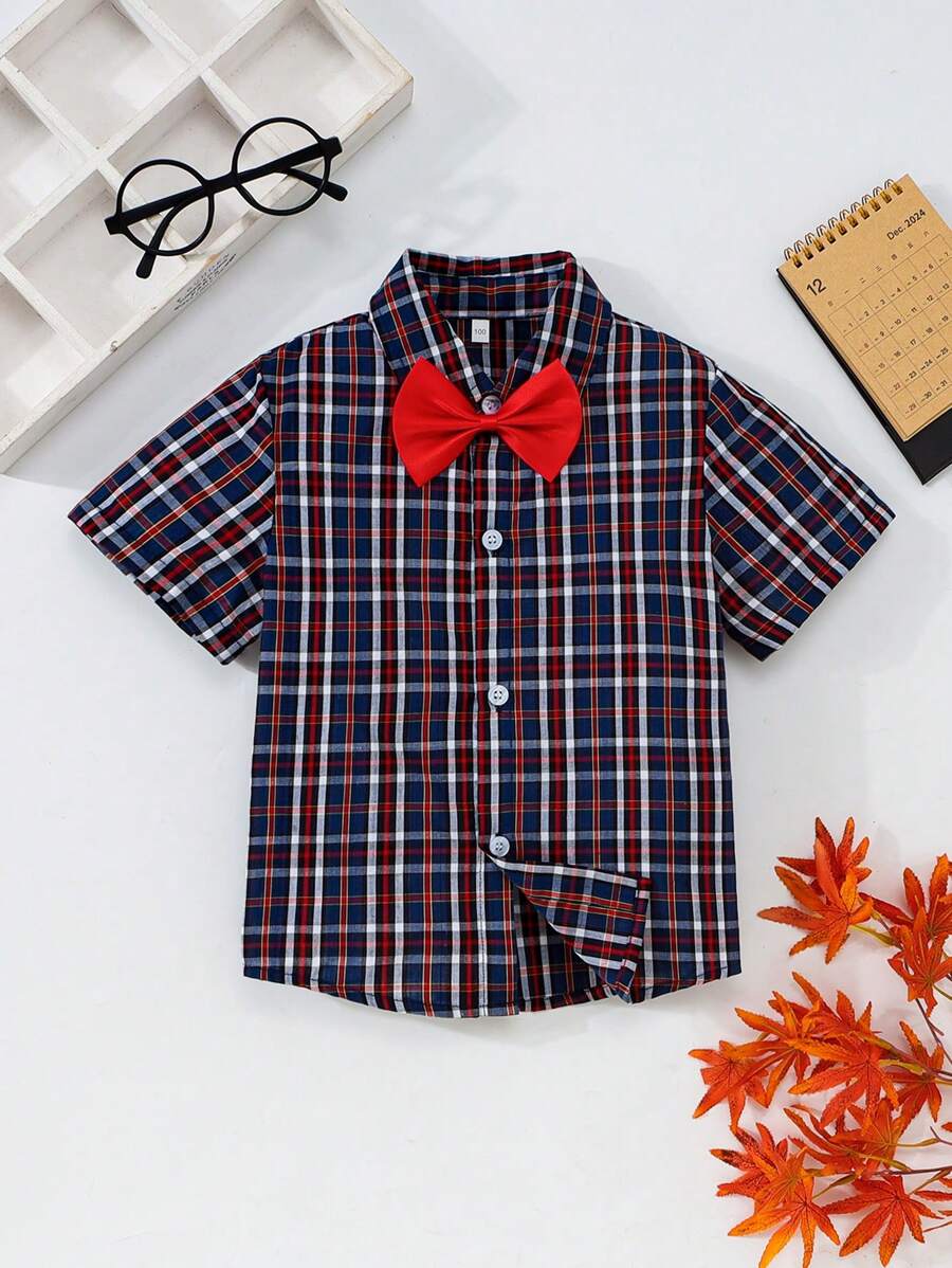 Young Boy Summer Checkered Short Sleeve Polo Shirt + Bowknot Set, Suitable For Parties, Holidays, School, Casual Wear - Multicolor - View 1