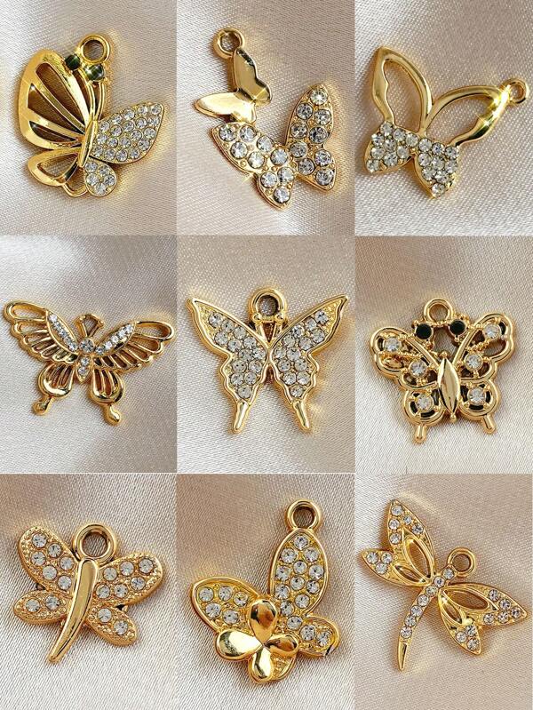10 piezas/Paquete Accesorios de joyería al por mayor: colgante de mariposa hueca de rhinestone, aretes, collar, pulsera, tobillera de aleación para manualidades DIY