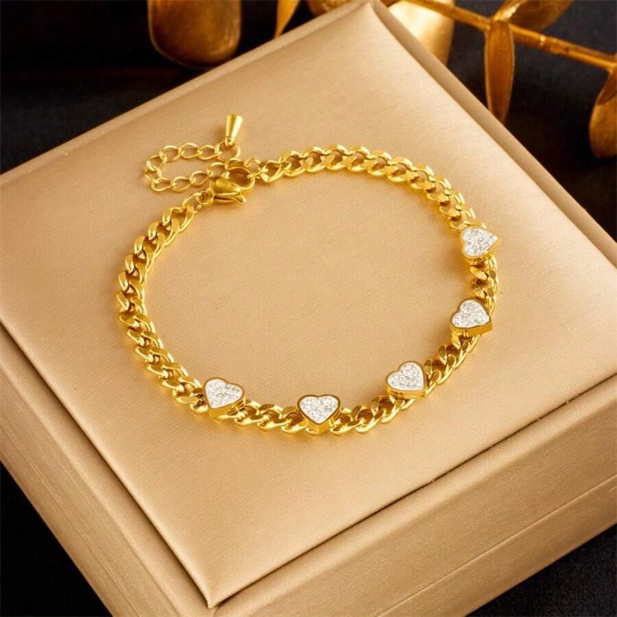 Fashionable European And American Cross-Border New Arrival White 3D Heart Chain Titanium Steel Jewelry Accessories Versatile Quality Bracelet - Gold - View 1