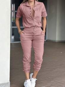 欧美风女式翻领纽扣口袋弹力连体裤