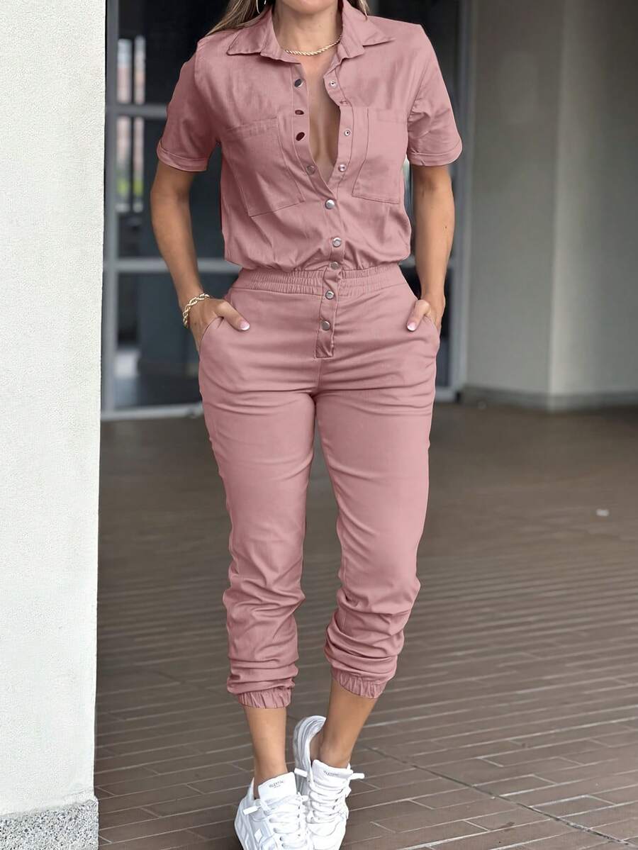 欧美风女式翻领纽扣口袋弹力连体裤