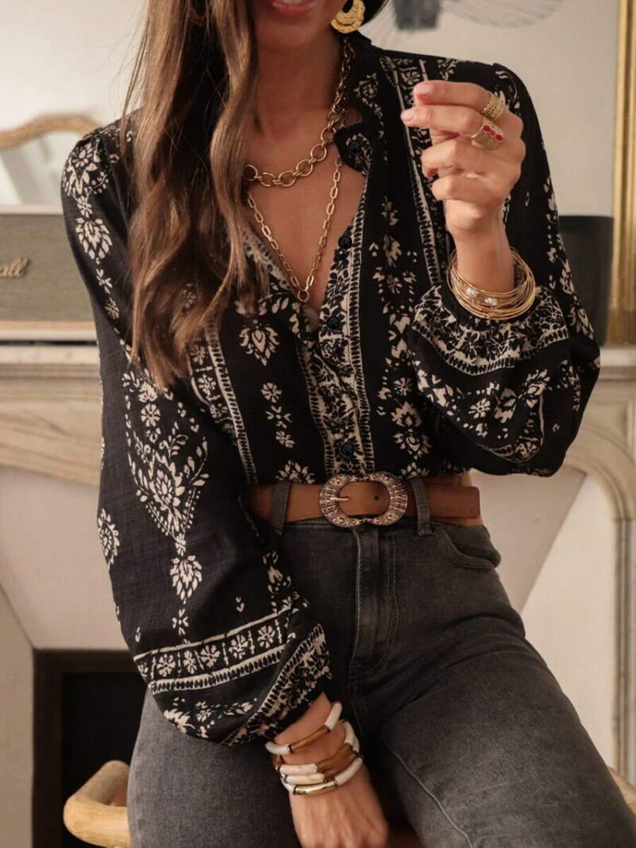 复古定位花卉优雅衬衫，超长泡泡袖纽扣休闲衬衫 - 黑色 - 查看 1