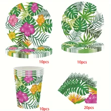 10pcs Hawaiian Tropical Luau Party Supplies Green Leaf With Flowers Design Paper Plates Cups Napkins For Summer Themed Parties Decoration