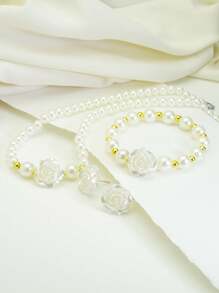 4pcs/Set Faux Pearl With Flower Decor Necklace, Bracelet, Earrings Jewelry Set, Elegant Vintage Style Suitable For Daily Wear, Commute, Outdoor, Party, Ideal For Graceful Ladies - Gold - View 1