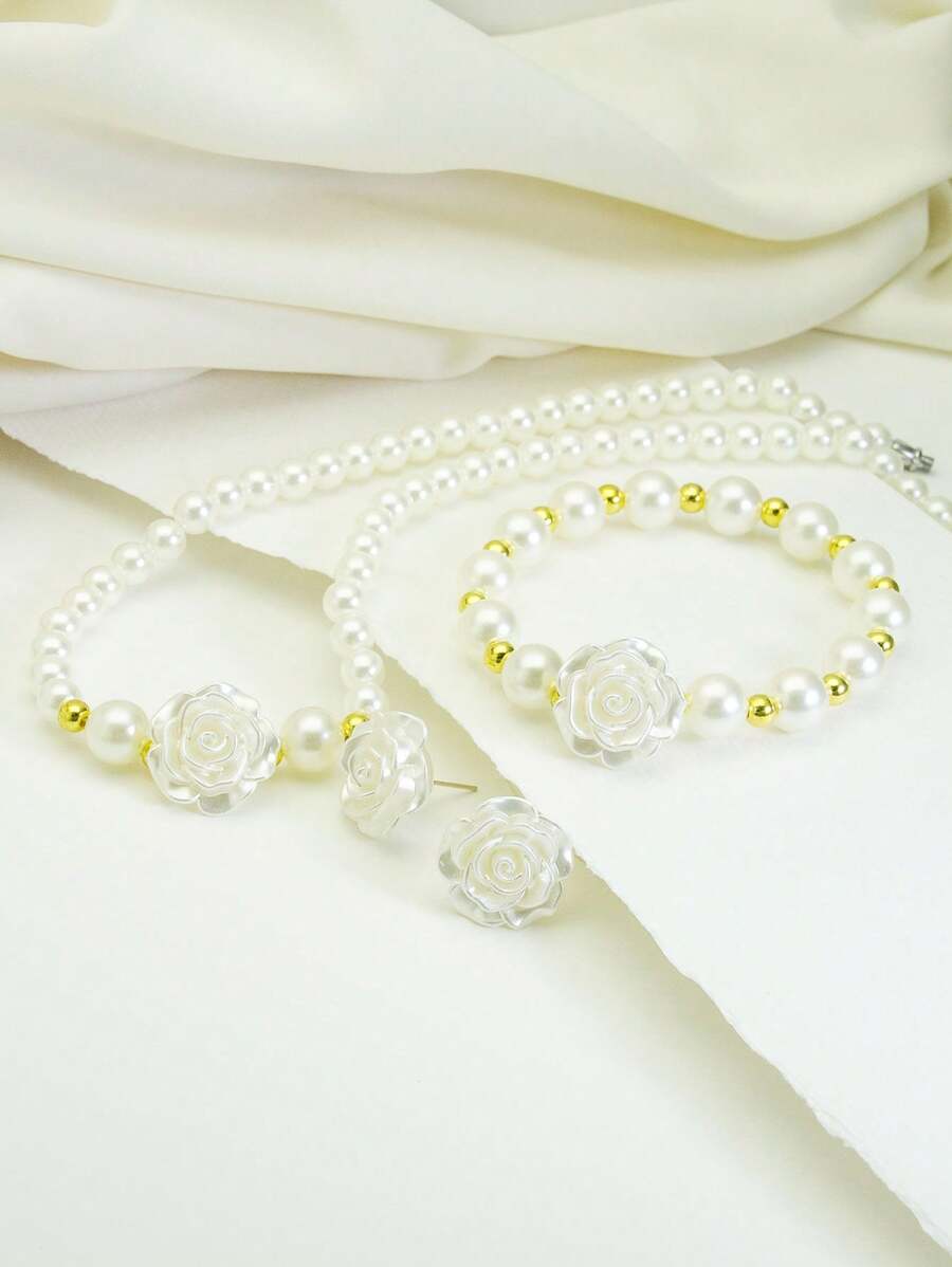 4pcs/Set Faux Pearl With Flower Decor Necklace, Bracelet, Earrings Jewelry Set, Elegant Vintage Style Suitable For Daily Wear, Commute, Outdoor, Party, Ideal For Graceful Ladies - Gold - View 1