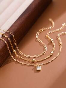 3pcs/Set Gold Layered Bracelet With Cross Chain, Wave Chain, Flat Cross, And Square Cubic Zirconia Pendant, Jewelry Gift For Women - Yellow Gold - View 2
