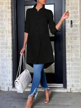 Women's Casual Long Sleeve Front Closure Shirt - Solid Color Polyester Woven Blouse, With Notched Collar, Suitable For Adults - Comfortable For All Seasons